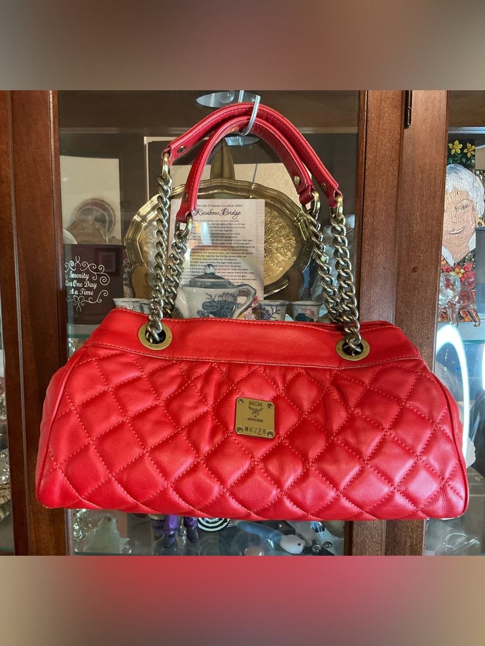 MCM Red Quilted Leather Small Chain Shoulder Bag - Picture 7 of 9